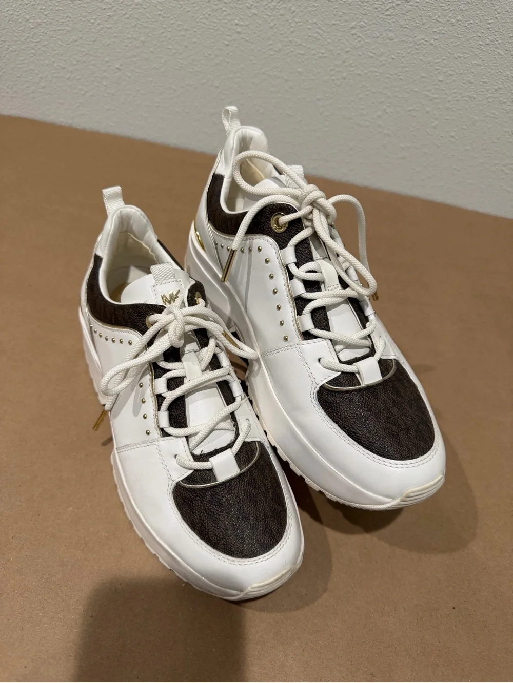 Michael Kors White Brown MK Logo Monogram Chunky Sneakers Gold Studs – Women’s 8